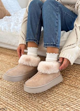 Бежеві натуральні замшеві короткі низькі уггі угі уги угги з хутром на високій товстій...