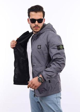 Мужская двусторонняя ветровка stone island антрацит/четный