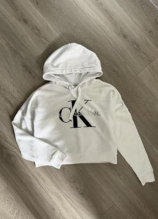 Белый худи реглан оверсайз на флисе утепленный с капюшоном calvin klein s