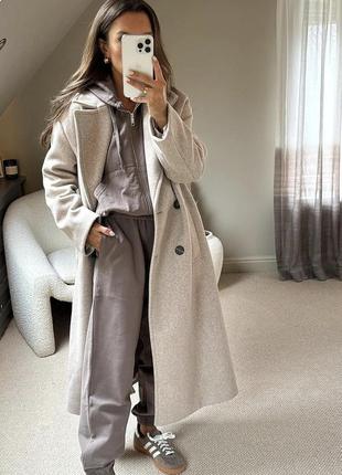 Пальто базове двубортне бежеве оверсайз довге xs s m zara 3046/271