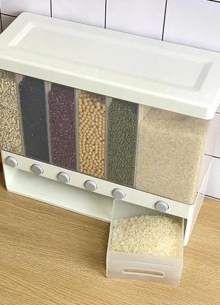 Оргайзер для сипких продуктів assorted grain rice bucket диспенсер, з кнопкою дозатором для круп 6 секцій4 фото