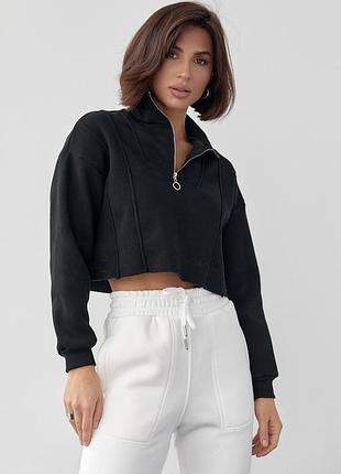 Короткий жіночий світшот із блискавкою на горловині - чорний цвет, s (є розміри)