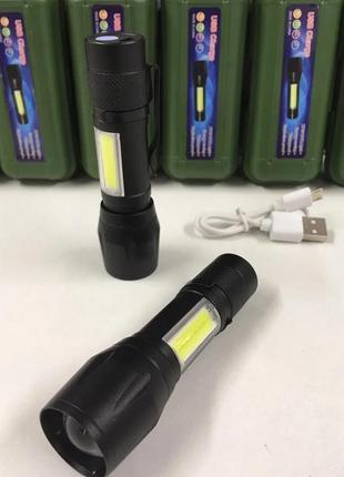 Мощный фонарь карманный аккумуляторный портативный police bl-511 на аккумуляторе с cob zoom usb в кейсе2 фото