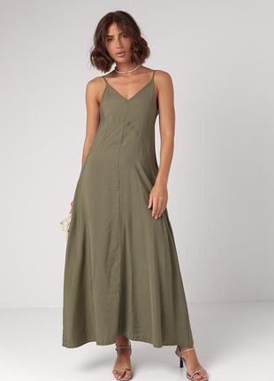 Довгий сарафан на бретелях а-силуету - хакі цвет, s (є розміри)