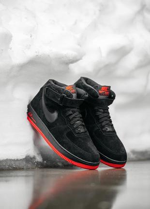 Зимние мужские кроссовки summary air force 1 high black red (мех) 41-42-44