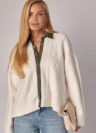 Жіночий в'язаний кардиган на кнопках з коміром - молочний цвет, l (є розміри)