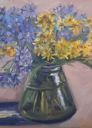Картина желто-синие ромашки, бумага, масло