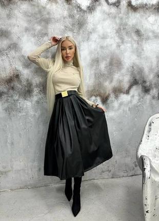 Шкіряна спідниця міді на флісі кльош з екошкіри юбка чорна довга тюльпан трендова стильна
