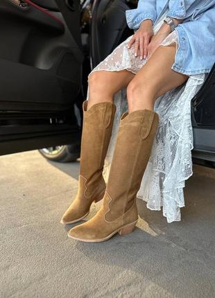 Чоботи козаки жіночі замшеві рудого кольору високі ковбойки демісезонні