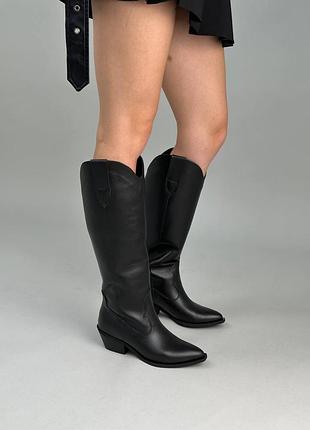 Козаки жіночі шкіряні чорні чоботи ковбойки демісезонні високі