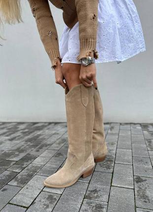 Чоботи козаки жіночі замшеві рудого кольору високі ковбойки демісезонні