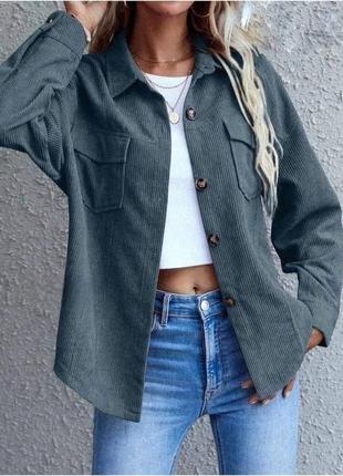 Вельветова сорочка оверсайз подовжена на гудзиках рубашка бежева графітова базова трендова стильна