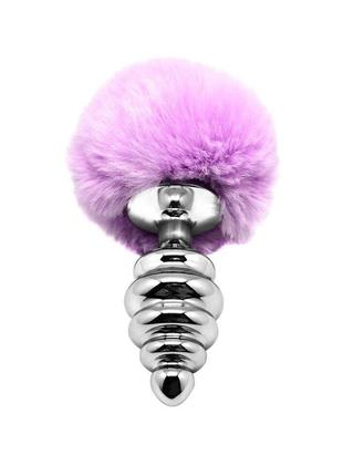 Металлическая анальная пробка с хвостом кролика alive fluffly twist plug l purple 4см