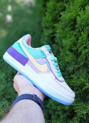 Женские качественные и стильные кроссовки для девочек nike air force 1 shadow бежевые с сиренью и бирюзой