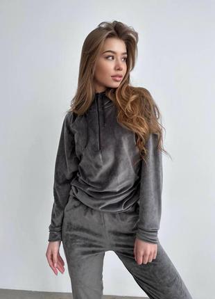 Спортивный костюм теплый женский велюр на меху 42-48 графит (темно-серый)