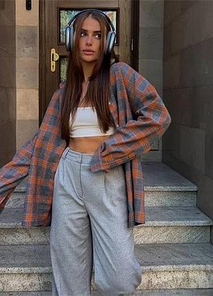 Жіноча сіро-помаранчева рубашка/сорочка у клітинку2 фото