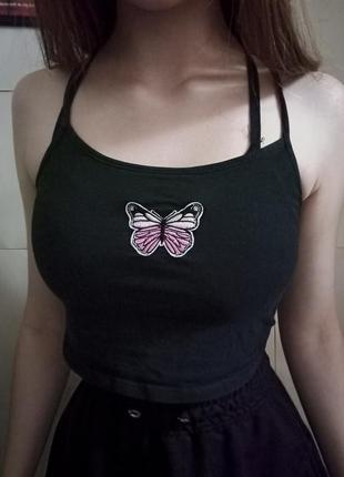 Топ приталенный с принтом бабочка розовый разовый на бретельках черный прилегающий короткий лолита y2k sk8 софт