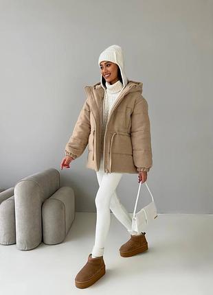 Теплая зимняя жаккардовая куртка глория до -20 с капюшоном на талии кулиска