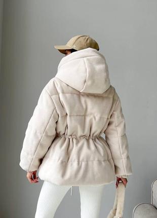 Теплая зимняя жаккардовая куртка глория до -20 с капюшоном на талии кулиска