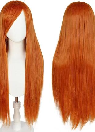 Шикарный парик 60см длинные прямые густые волосы аниме рыжий яркий4 фото