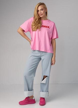 Бавовняна трикотажна футболка з написом weekender оверсайз рожева3 фото