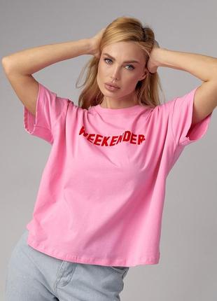 Бавовняна трикотажна футболка з написом weekender оверсайз рожева4 фото