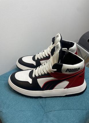 Зимние высокие кроссовки на замке puma из натуральной кожи белые с красным и черным