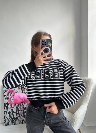 Накладной платеж ❤ турецкий теплый укороченный свитшот в полоску на байке с принтом