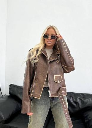 Байкерская куртка косуха из экокожи на осень, женская коричневая косуха с поясом,...