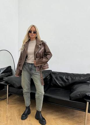 Байкерская куртка косуха из экокожи на осень, женская коричневая косуха с поясом,...