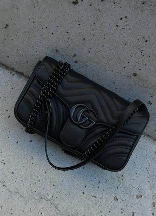 Кожаная нарядная сумка gucci , черная сумочка стильная женская гучи, черная фурнитура премиум модель
