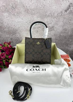 Кожаная сумка coach, вместительная, полная комплектация, коричневая с черным, сумка на подарок, топ