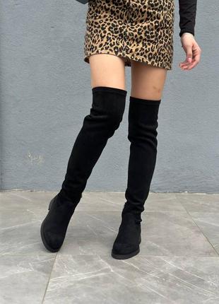 Ботфорти панчохи жіночі велюрові чорні демісезонні на низьких підборах