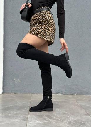 Ботфорти панчохи жіночі велюрові чорні демісезонні на низьких підборах