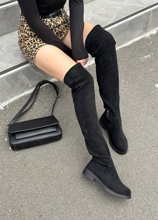 Ботфорти панчохи жіночі велюрові чорні демісезонні на низьких підборах