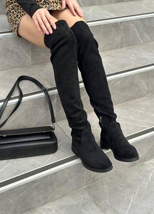 Ботфорти панчохи жіночі велюрові чорні демісезонні на низьких підборах