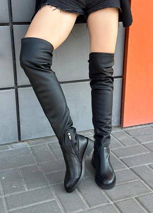 Ботфорти панчохи жіночі велюрові чорні демісезонні на низьких підборах