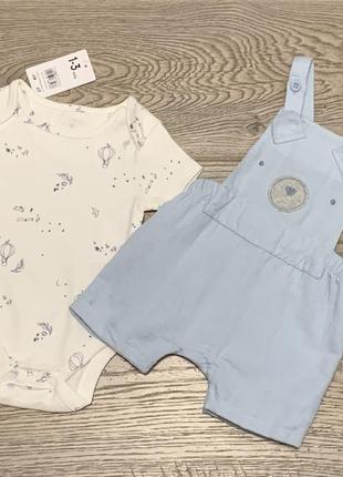 Костюм/боди с комбинезоном/шортики льняные mothercare на возраст 1-3 мес.2 фото