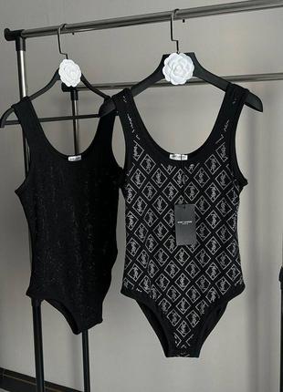 Боді в стилі ysl чорний зі стразами2 фото