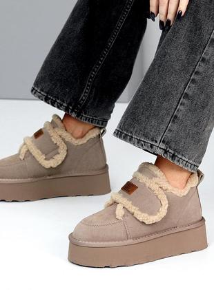 Замшевые женские ugg темное мокко, рабочая липучка, комфортная зимняя модель, короткие...