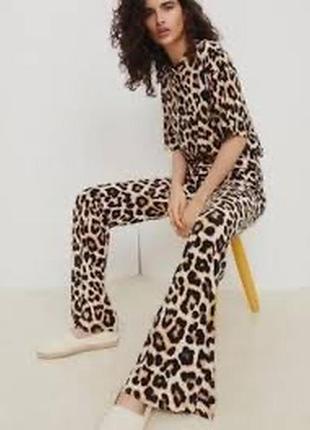 Брюки в рубчик h&m, бежевый/леопардовый принт2 фото