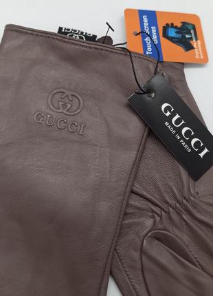 Перчатки женские в стиле gucci кофейного цвета натуральная кожа на меху с сенсором