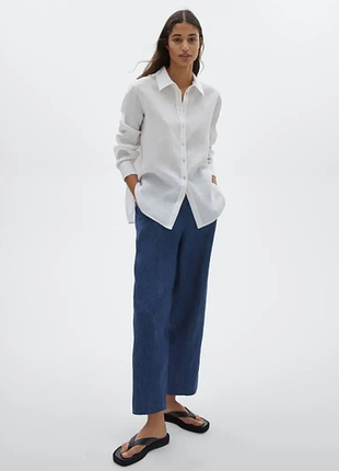 Темные синие укороченные льняные женские брюки