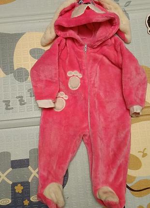 Костюм теплый флис ( микрофибра) человечек розовый в виде зайчика