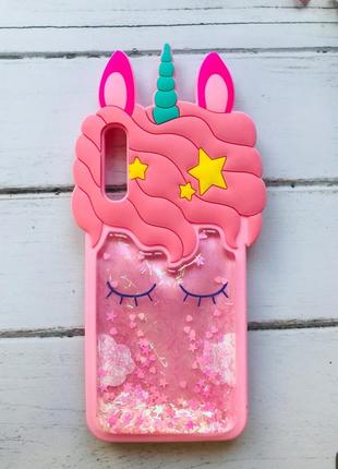 Чехол силиконовый 3d case с переливающимися блёстками для samsung galaxy а50 (2019) а505 единорог розовый