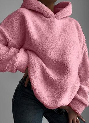 Худи женское демисезонное на осеннее плюшевое теплое тэди с ушками черное белое розовое базовое с капюшоном кофта толстовка батник свитшот оверсайз