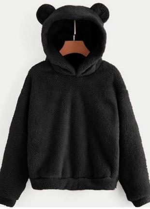 Худи женское демисезонное на осеннее плюшевое теплое тэди с ушками черное белое розовое базовое с капюшоном кофта толстовка батник свитшот оверсайз