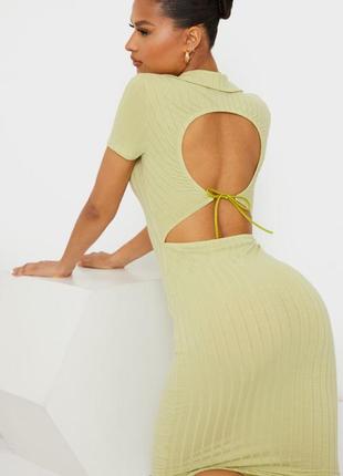 Сукня міді з коміром ✨ prettylittlething ✨ мідіплаття в рубчик із відкритою спиною та коміром-поло оливкове