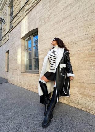 Женская дубленка евро-зима черная кожа