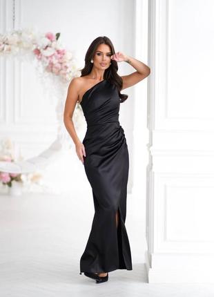 Ефектна атласна сукня в підлогу на одне плече, вечірнє плаття максі з розрізом, святкова с...